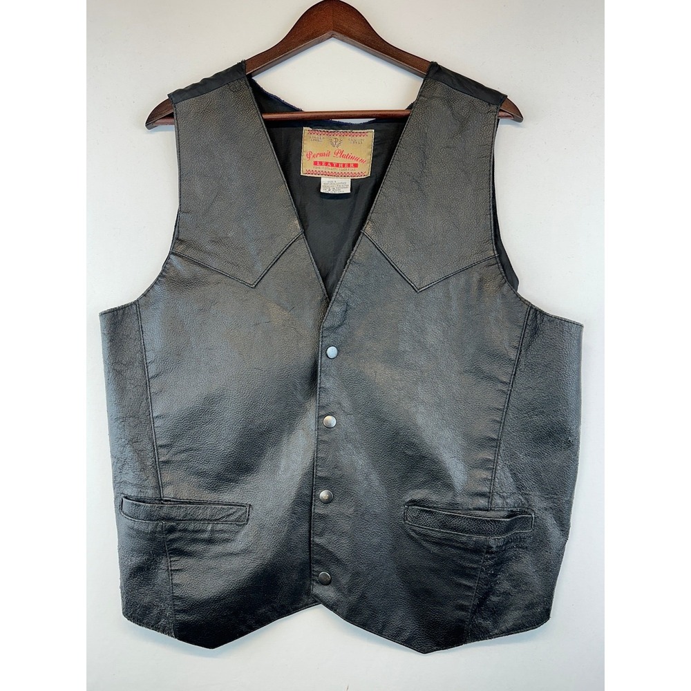 Vintage Permit Platinum Leather Vest Mens L Black Western Motorcycle Biker Style